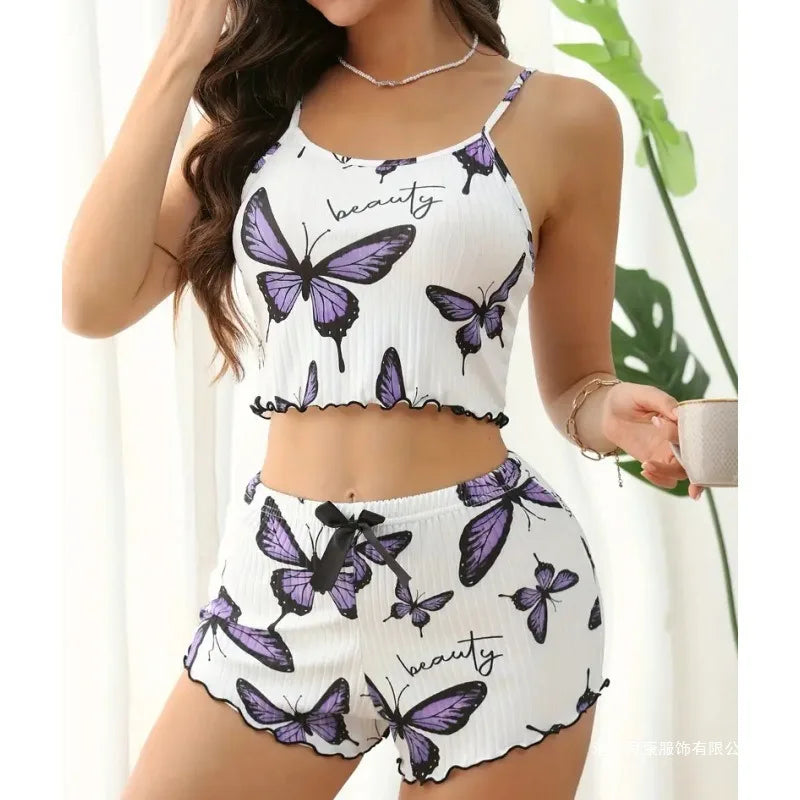 Women's Butterfly Print Pajama Set Sleeveless Crop Top and Shorts 2 Piece Set Casual Soft Loungewear for Women