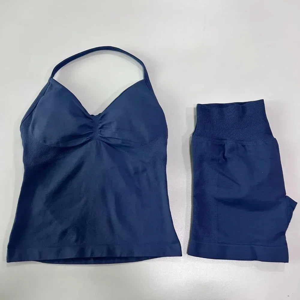 2 Pieces Sport Set Women Backless Tank Tops High Waist Scrunch Seamless Shorts Sport Suit Gym Set Sportswear Workout Set