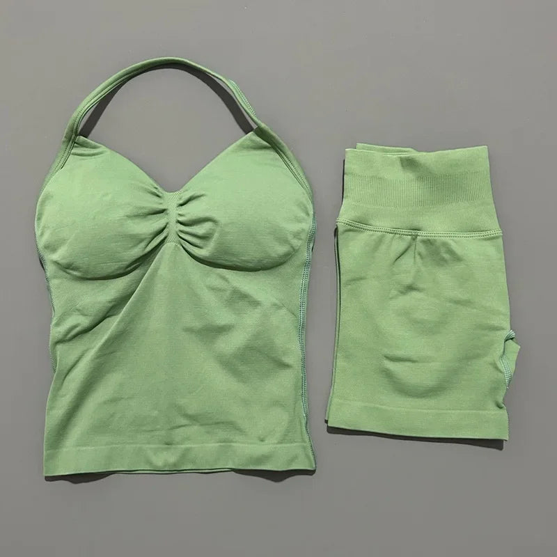 2 Piece Impact Sports Set Women Backless Halter Tops Fitness Tank Top High Waist Seamless High Stretch Shorts Gym Workout Sets