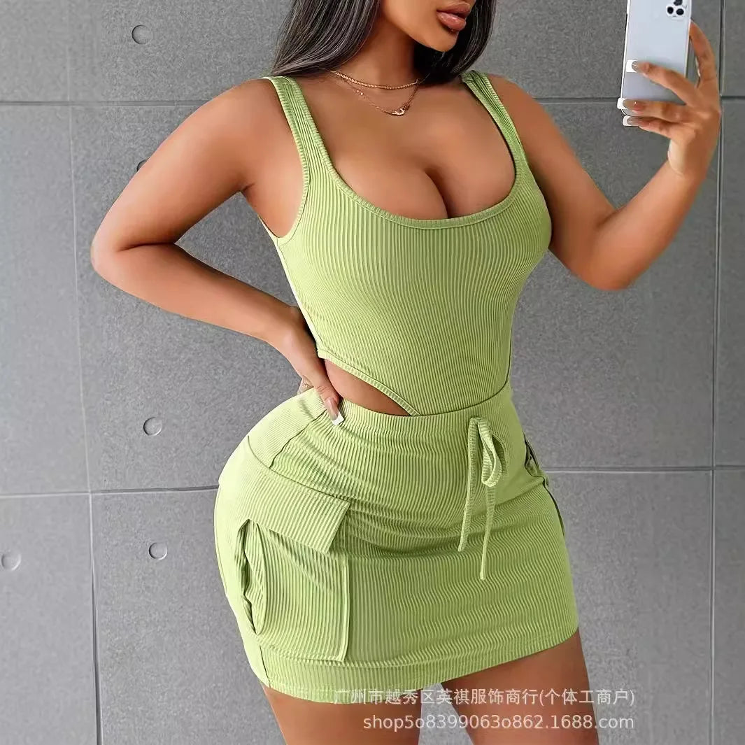 Two Piece Sets Women Skirt Set Shorts U Neck Matching Sets Vests Tops Short Skirts A Line High Waist Casual Hip Wrap Slim Fit