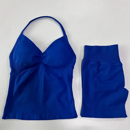 2 Pieces Sport Set Women Backless Tank Tops High Waist Scrunch Seamless Shorts Sport Suit Gym Set Sportswear Workout Set