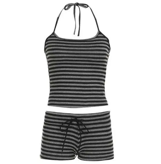 Lazy Contrasting Striped Halter Top Exposed Navel High Waisted Drawstring Shorts