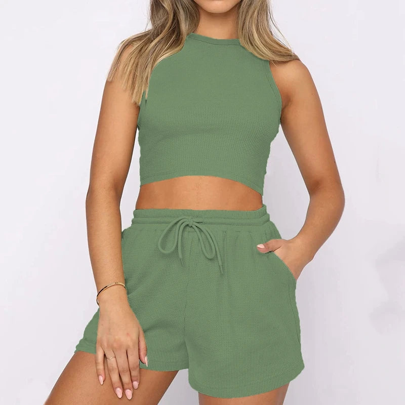 Summer Women 2PCS Black Shorts Set Sleeveless Slim Tank Top Elasticated Waist Drawstring Shorts Casual Sports Jogging Yoga Wear