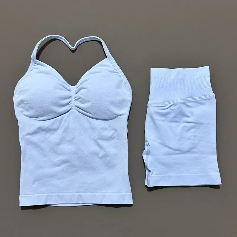 2 Piece Impact Sports Set Women Backless Halter Tops Fitness Tank Top High Waist Seamless High Stretch Shorts Gym Workout Sets