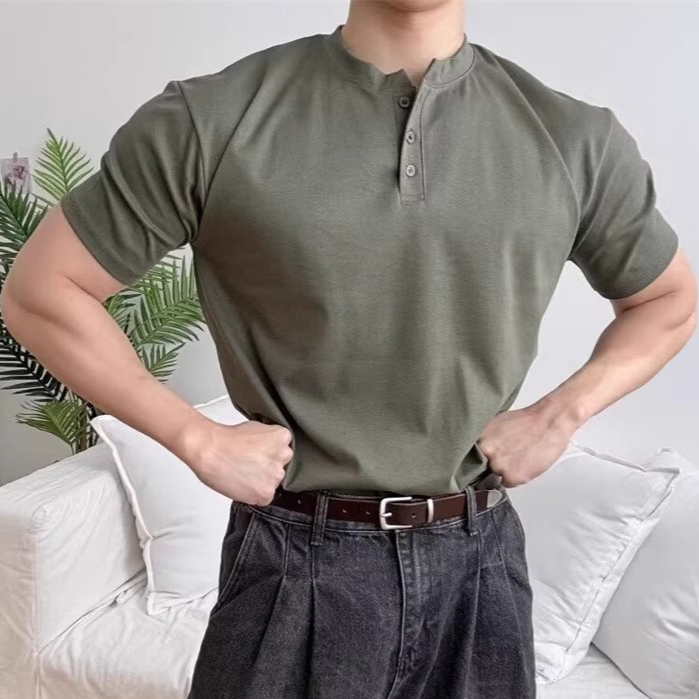 Mens Cotton Henley Neck Short Sleeve T-Shirt