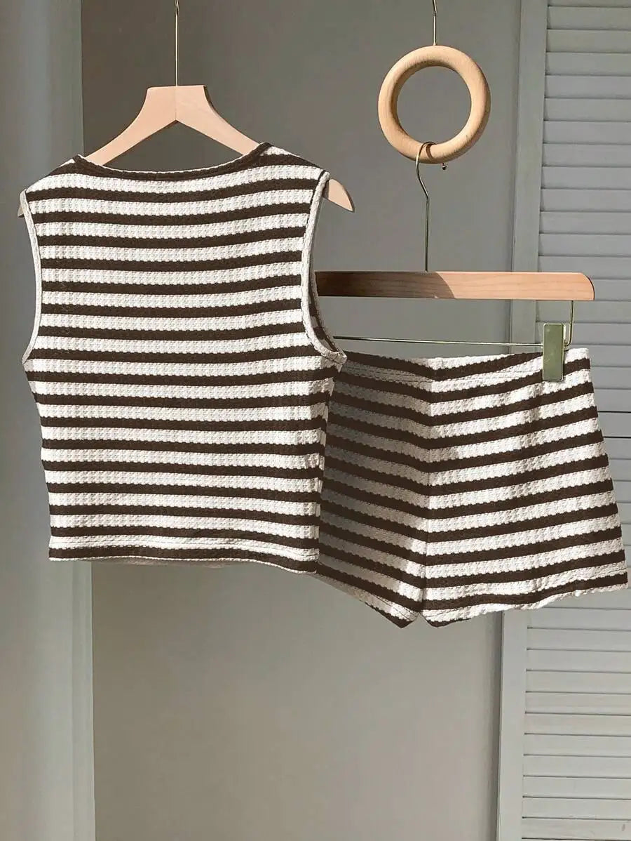 Brown and Cream Striped Cropped Tank Top and Shorts Set, Casual Summer Outfit