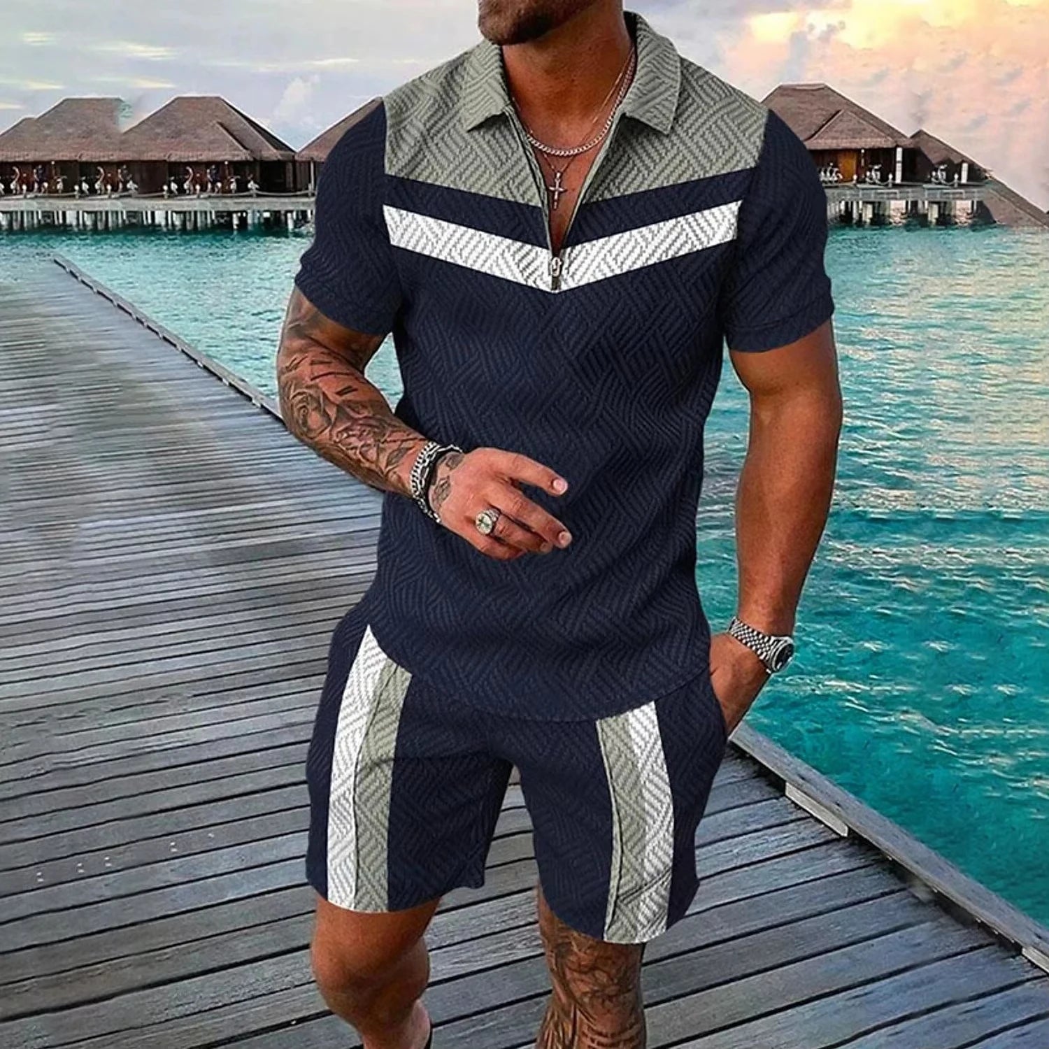 Summer 3D Print Men's Polo Shirt Set