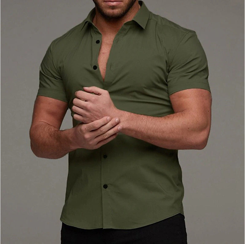 A muscular man in a solid-color lapel short-sleeved shirt
