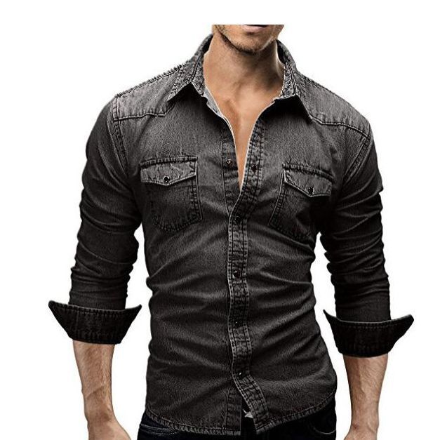 Men's Long Sleeve Denim Shirt Casual Solid Color Stitched