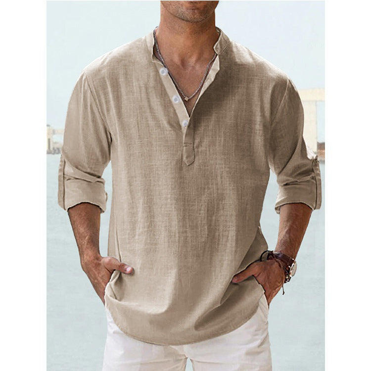Mens Linen Collar Long Sleeve Cotton Shirt