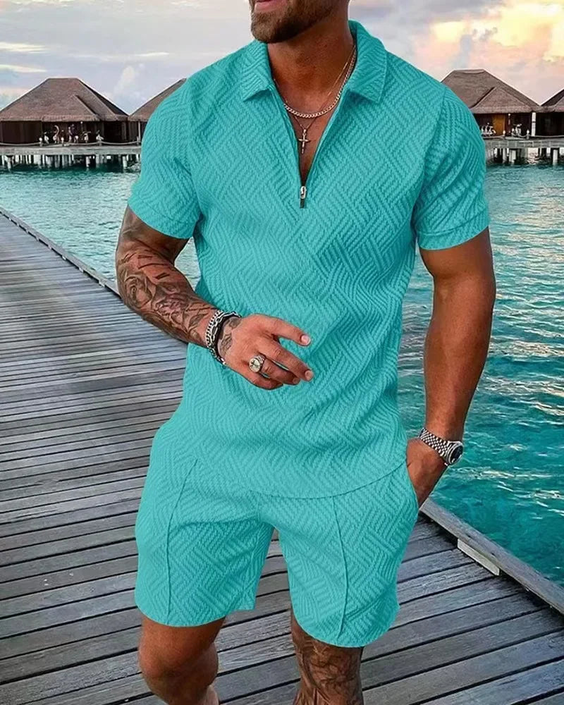 V-neck Zipper Short Sleeve POLO Shirt+Shorts