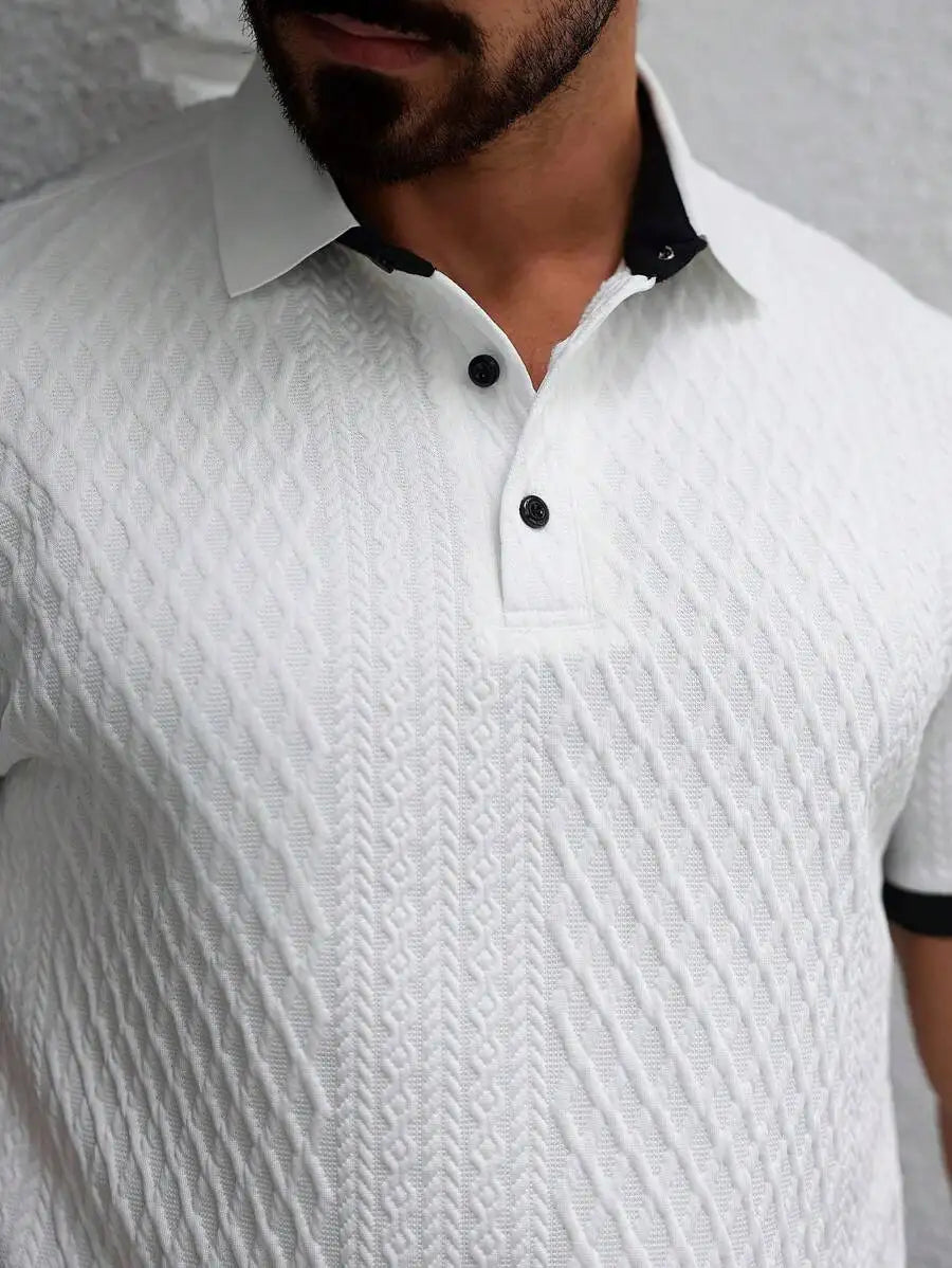 Men's Textured Short Sleeve Polo Shirt with Black Trim - Casual Minimalist Design