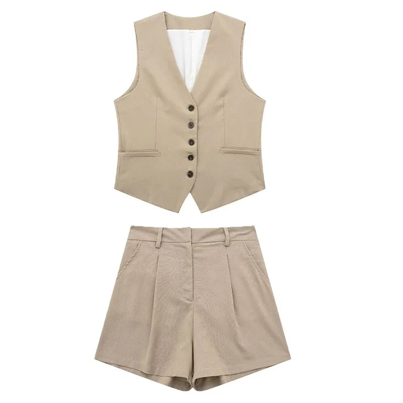 HH Fashion Vintage Sets For Women 2 Pieces Solid Linen V Neck Waistcoat Single Breasted Loose Vest Top Chic Casual Short Y2k
