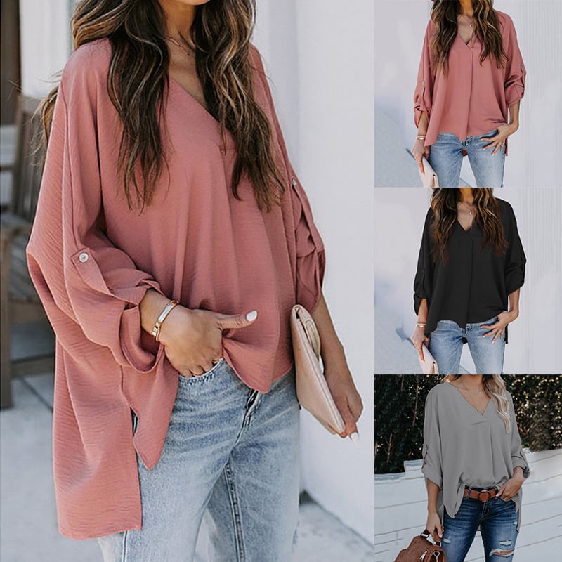Casual Solid Color V-neck Long Sleeve Loose Shirt