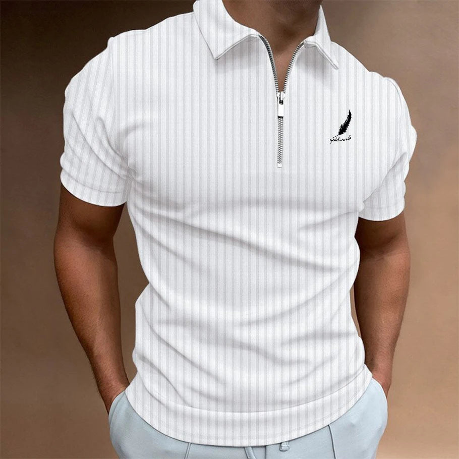 Men's Summer Half Chain Vertical Striped Short Sleeved Polo Shirt Is a Fashionable Choice for Casual Wear and Figure Enhancement