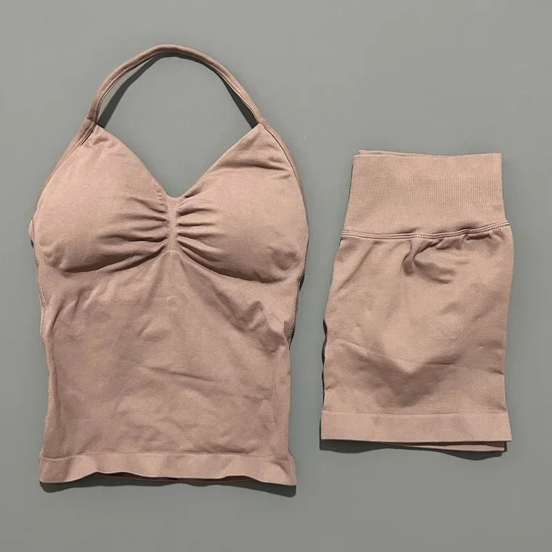 2 Piece Impact Sports Set Women Backless Halter Tops Fitness Tank Top High Waist Seamless High Stretch Shorts Gym Workout Sets