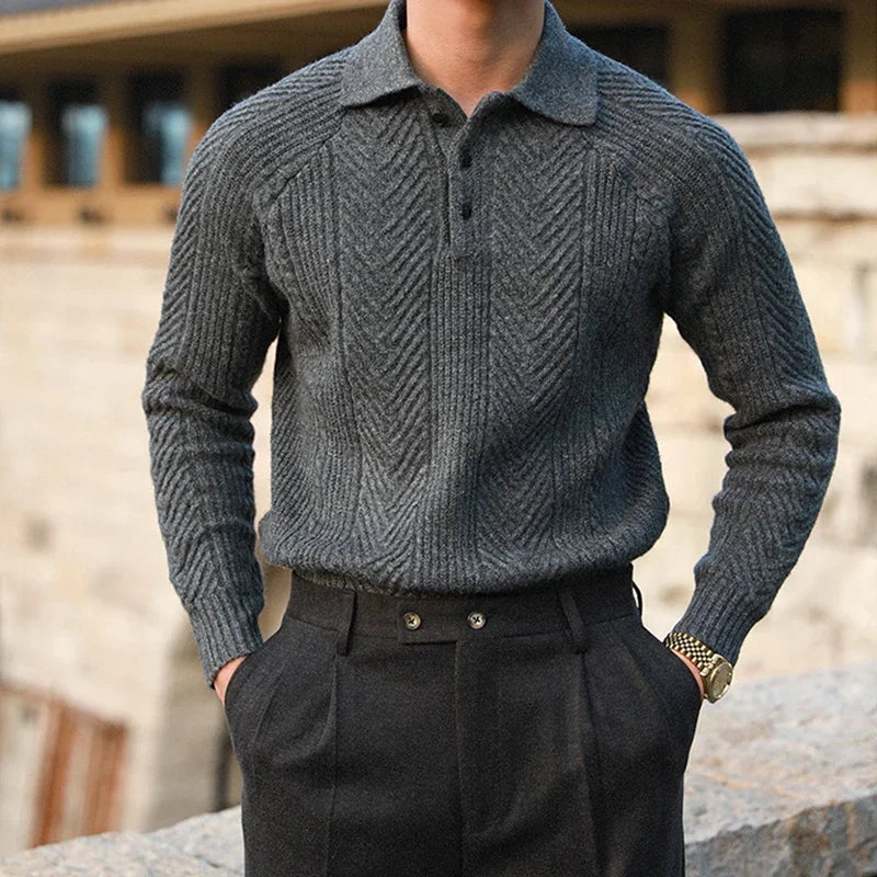 Fashionable Textured Knitted Sweater Mens Polo Shirts Long Sleeve Turn-down Collar Zipper Jumper Tops Autumn Men Knit Clothing