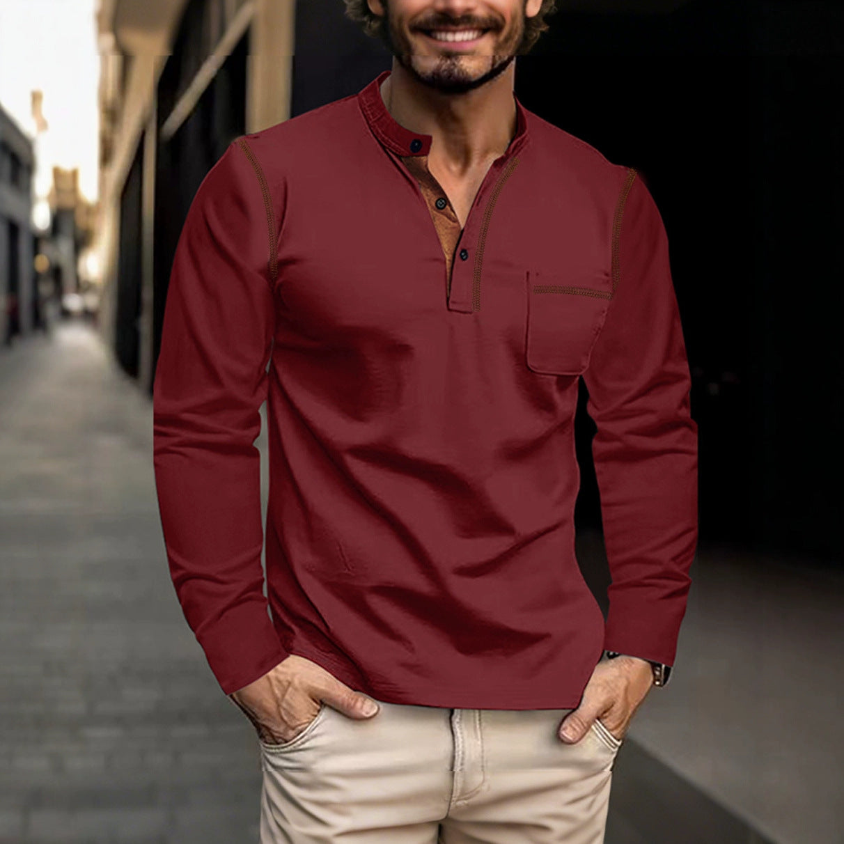 Men's Long Sleeve Stand Collar Polo Shirt