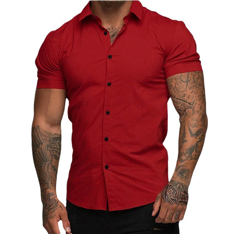 A muscular man in a solid-color lapel short-sleeved shirt