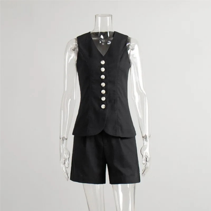 New Summer Women 2 Piece Cotton Linen Shorts Set, Fashion Office Lady Button Tank Vest Top Pocket Shorts Suit, Casual Outfits