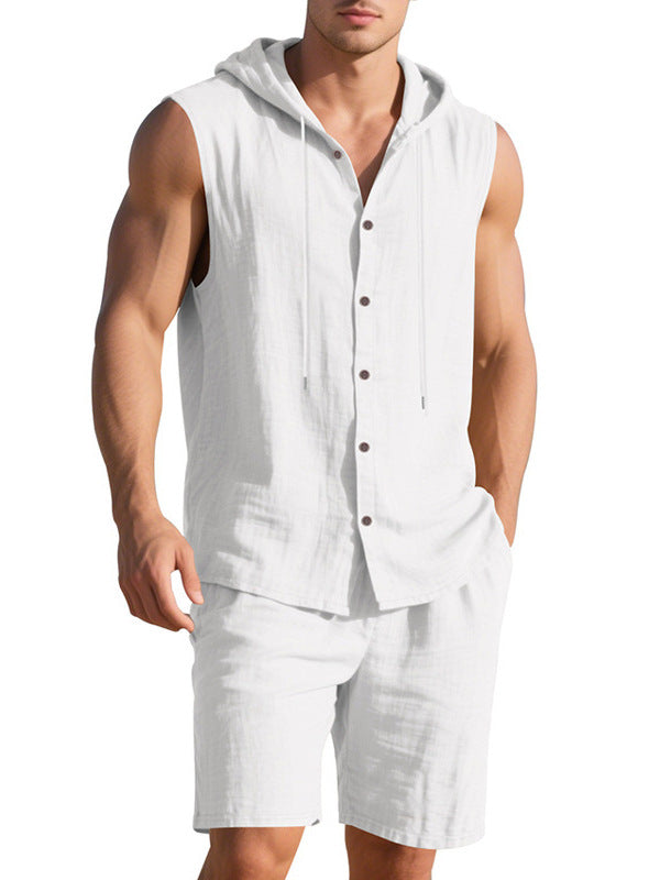 Men's Linen Hooded Vest and Shorts Set