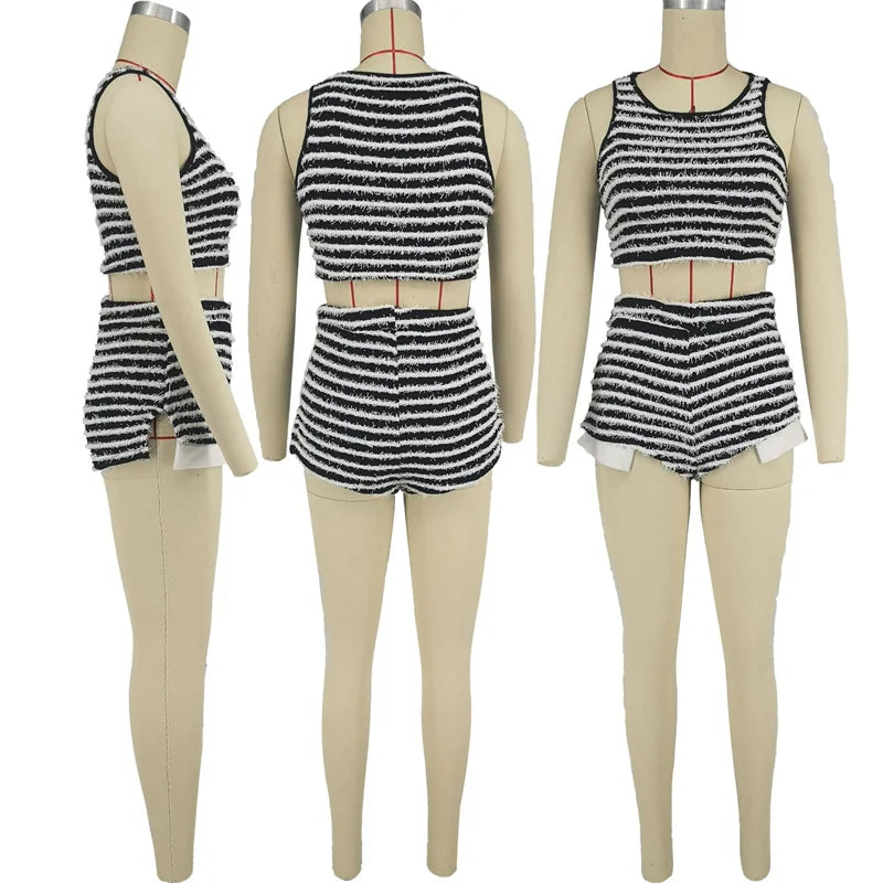 Black White Striped 2 Piece Sets Women Outfit Summer 2023 Tank Crop Top and Shorts Set Sport Suit Fitness Casual Matching Sets