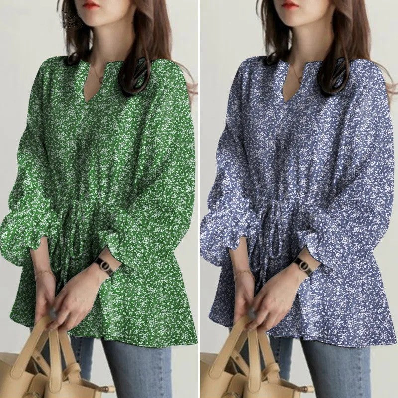 2023 Women's Long Sleeve V-Neck Floral Top with Bell Sleeves