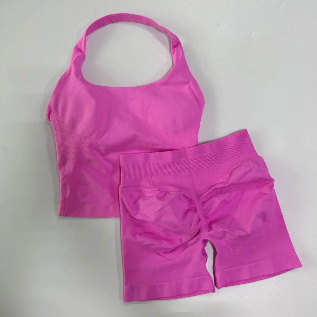 Yoga 2 Pieces Gym Set Women Backless Halter Tops High Waist Seamless Shorts Gym Suit Fitness Sports Bras Sportswear Workout Sets