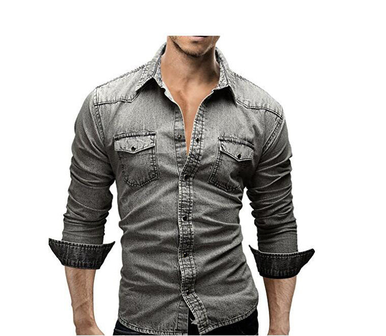 Men's Long Sleeve Denim Shirt Casual Solid Color Stitched