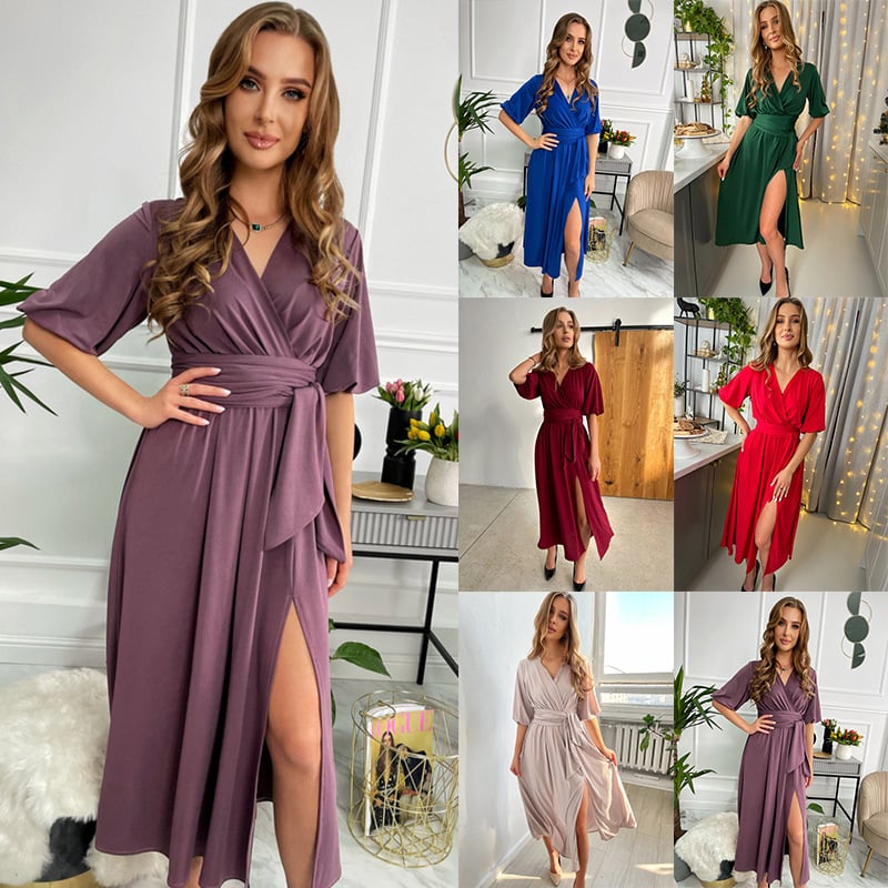 Women's V-neck Lantern Sleeve Maxi Dress with Slit