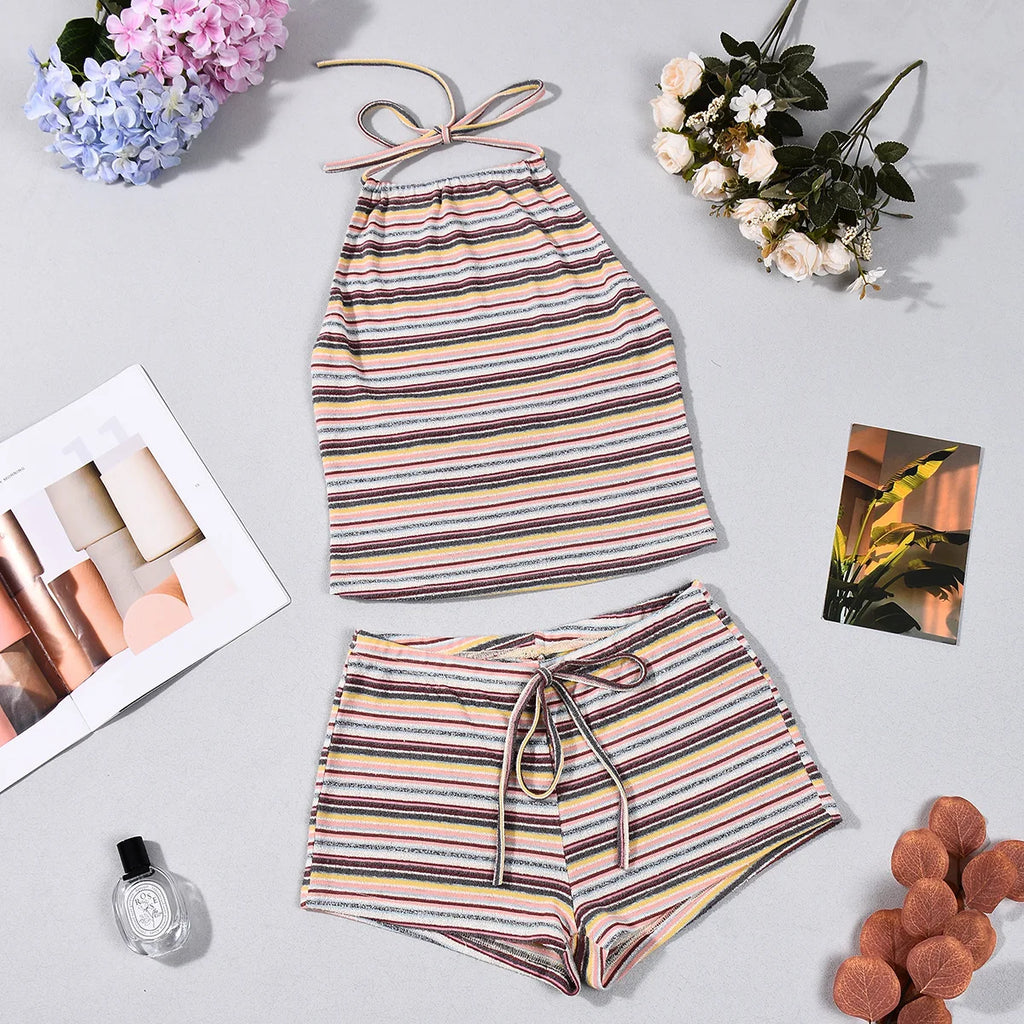 SsTss Women's Colorful Striped Halter Crop Top & Shorts 2 Piece Set New Fashion Summer Casual Daily Vacation Lounge Outfit