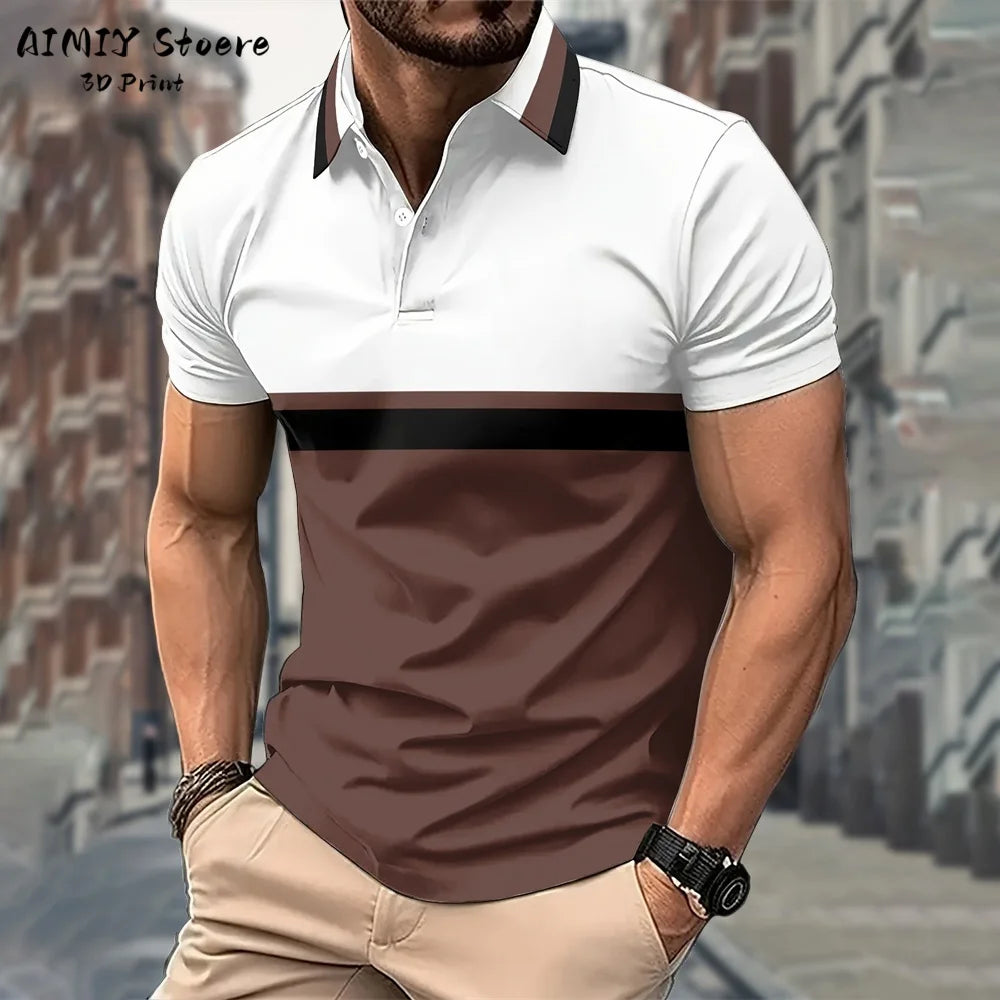 Men's Polo Shirt Striped Polo Shirt Casual Men's Top Short Sleeve Lapel Shirt White Base Gray Stripe Versatile Business Wear