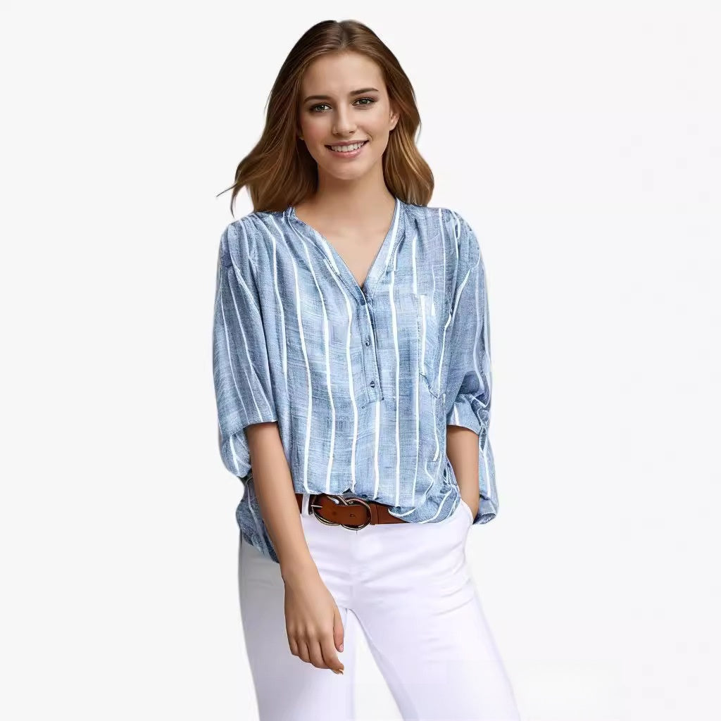 Long sleeve half placket button top women