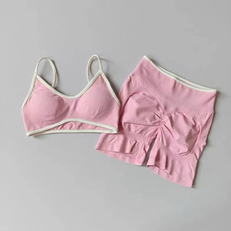 Peach Buttock Yoga Suit Women Gym Seamless Suspender Gathering Bra High Waist Hip Lifting Belly Tightening Shorts Fitness Set