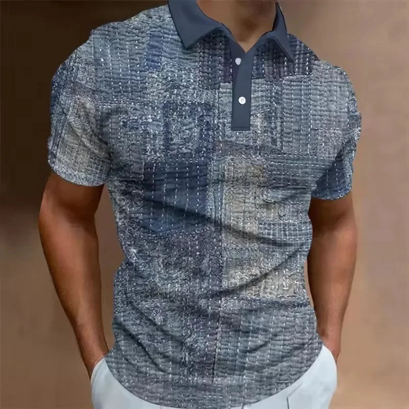 Men's 3D Printed Patchwork Polo Shirt with Retro Pattern, Summer Casual Collar Top