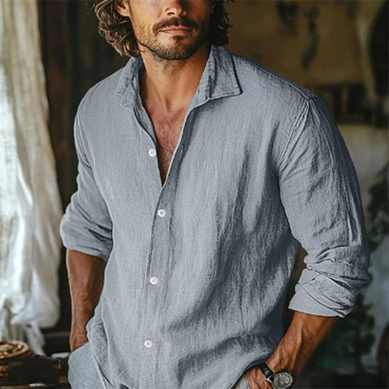 2025 Spring New Casual Solid Color Linen Shirt Mens Long Sleeve Button-up Turn-down Collar Leisure Shirts Vintage Men Clothing