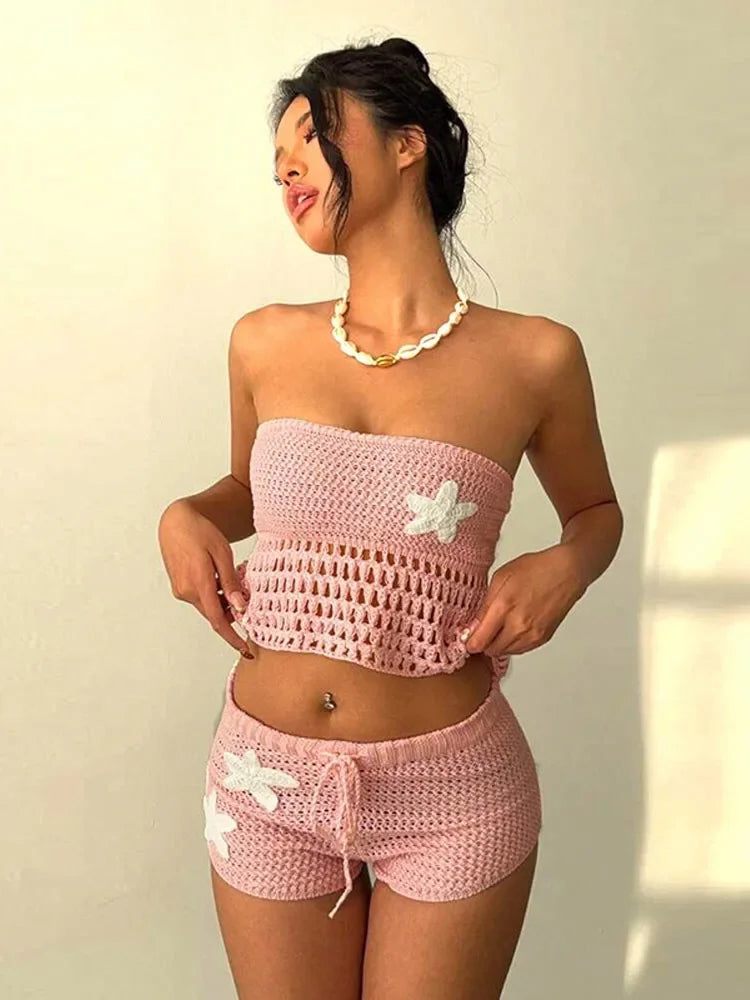 Sexy Crochet Crop Top Suit Women Strapless Backless Lace Up Tops Drawstring High Waist Shorts Female Sets  Summer Lady Suit