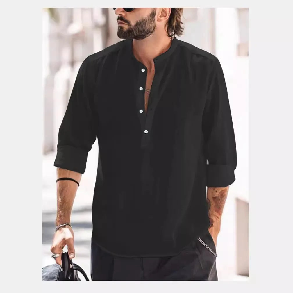 Long Sleeve Henley Cotton Linen Shirts