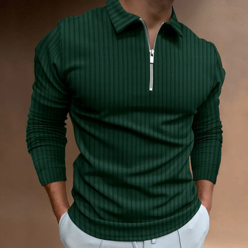 Cross-border spring and autumn men's POLO shirt fashion trend zipper striped long-sleeved men's polo shirt
