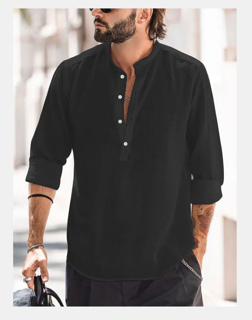 Long Sleeve Henley Cotton Linen Shirts