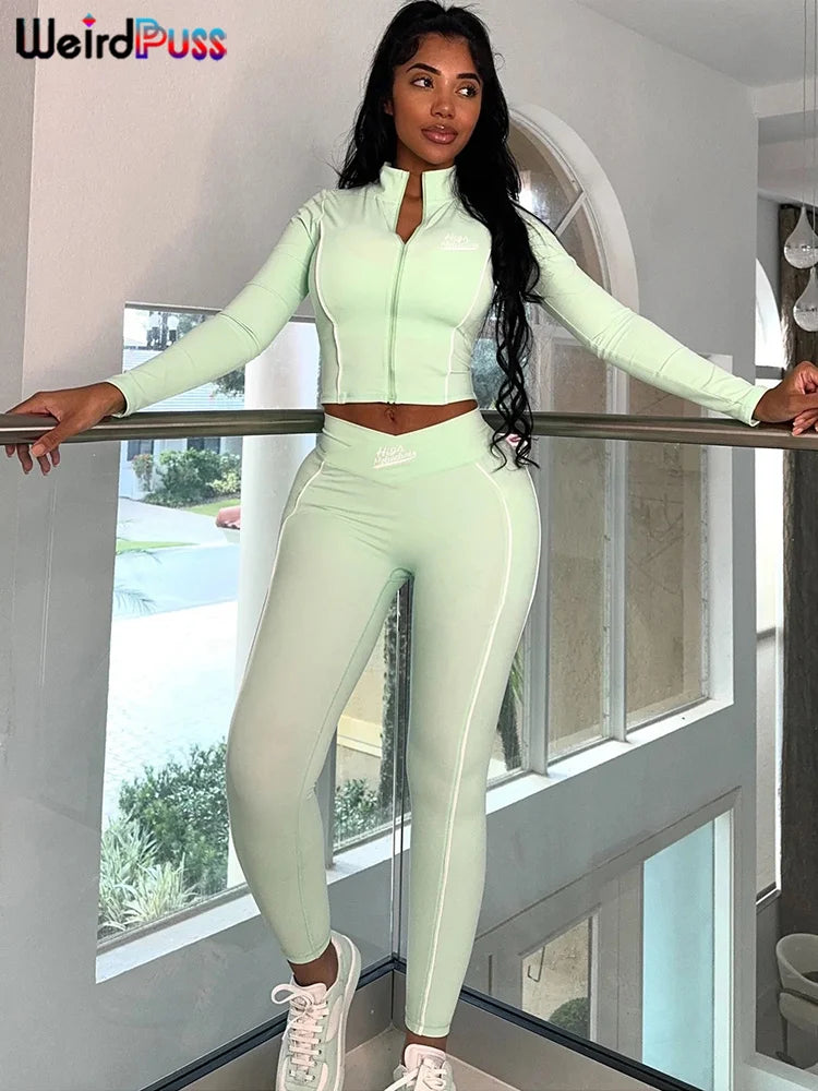 Weird Puss Casual 2 Piece Set Tracksuit Elastic Patchwork Stripe Tight Zip Crop Jacket+Leggings Matching Streetwear Sporty Suits
