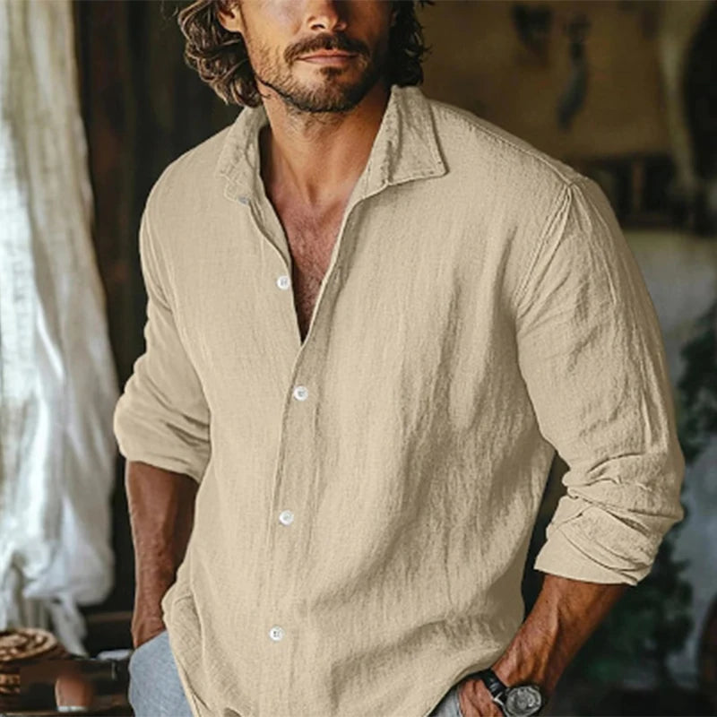 2025 Spring New Casual Solid Color Linen Shirt Mens Long Sleeve Button-up Turn-down Collar Leisure Shirts Vintage Men Clothing