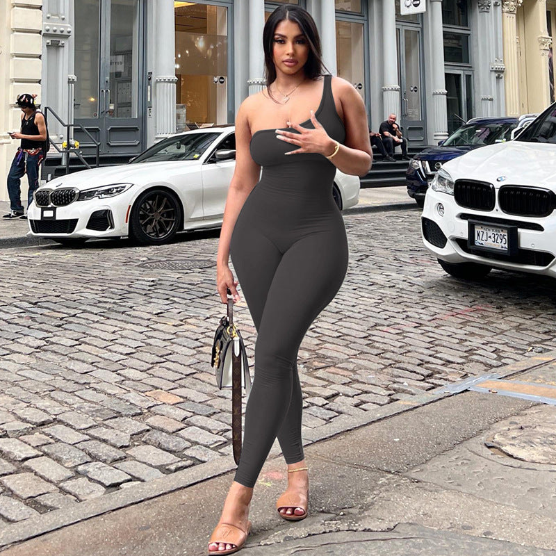 2024 Spring Women's Solid Color One-Shoulder Jumpsuit