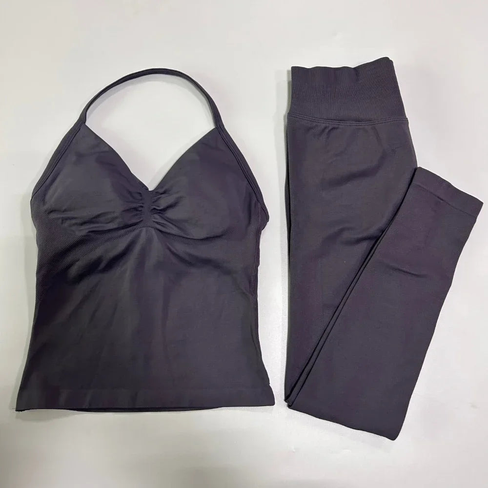 NO LOGO 2 Pieces Leggings Set Women Seamless Yoga Set Backless Tank Tops High Waist Scrunch Suit Fitness Scrunch Gym Sportswear