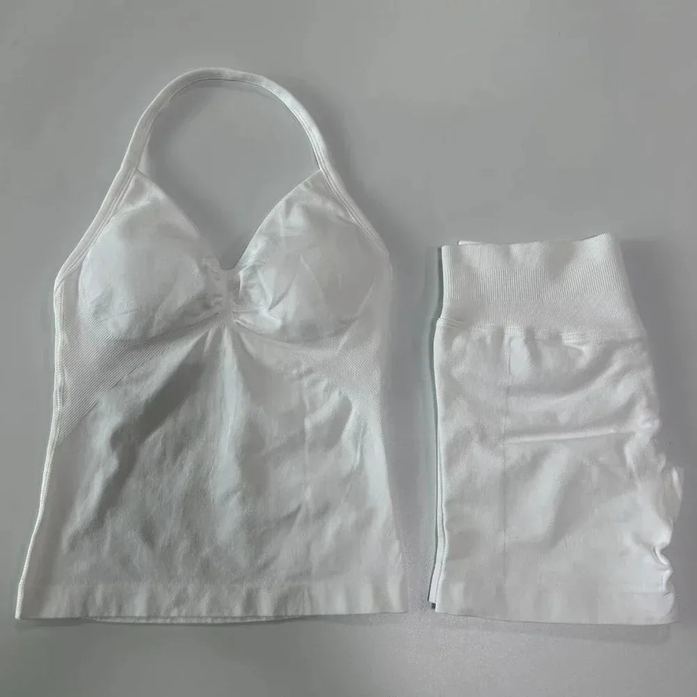 2 Pieces Sport Set Women Backless Tank Tops High Waist Scrunch Seamless Shorts Sport Suit Gym Set Sportswear Workout Set