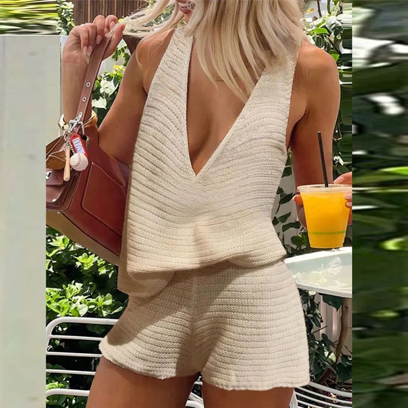 Spring Casual Solid Knit 2 Piece Set Sexy Deep V Neck Vest Top And Shorts Outfit New Summer Beach Vacation Women's Suit Harajuku