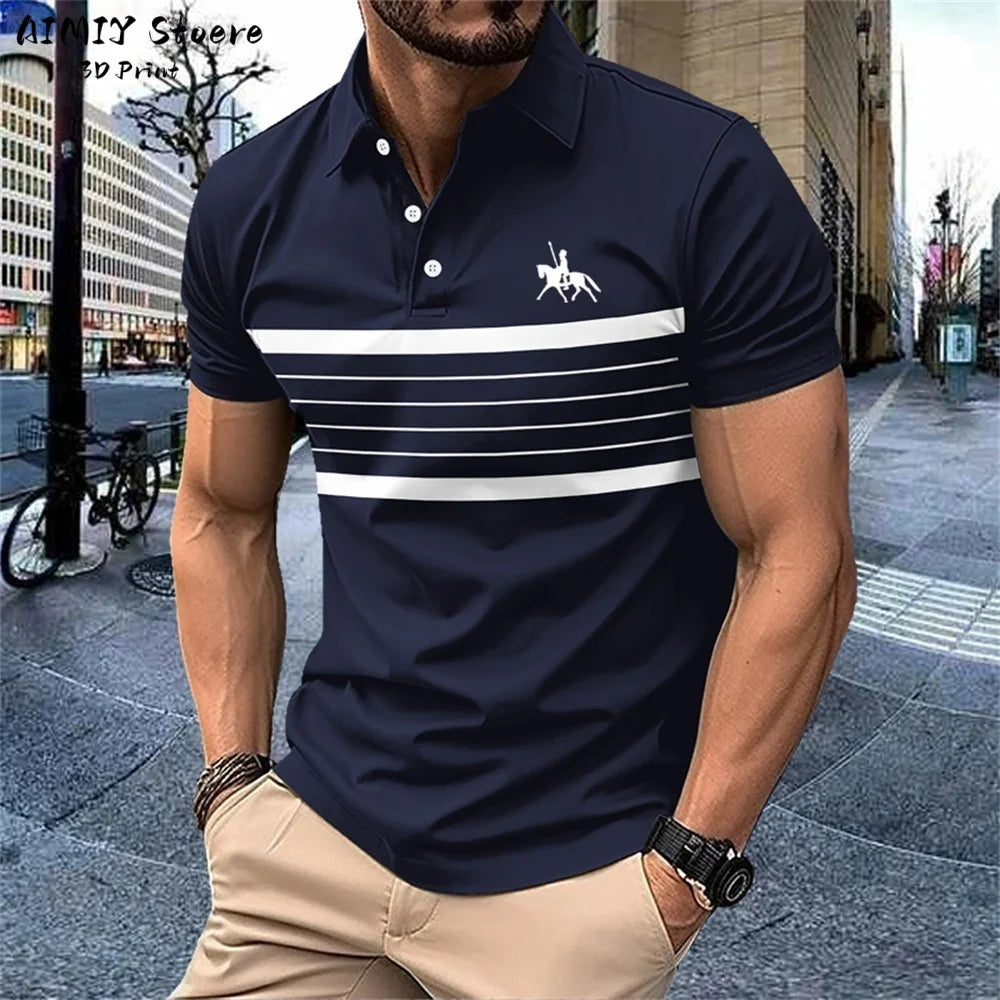 Men's Polo Shirt Striped Polo Shirt Casual Men's Top Short Sleeve Lapel Shirt White Base Gray Stripe Versatile Business Wear
