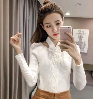 Women's Long Sleeve T-Shirt, Fashionable V-Neck Knit Top