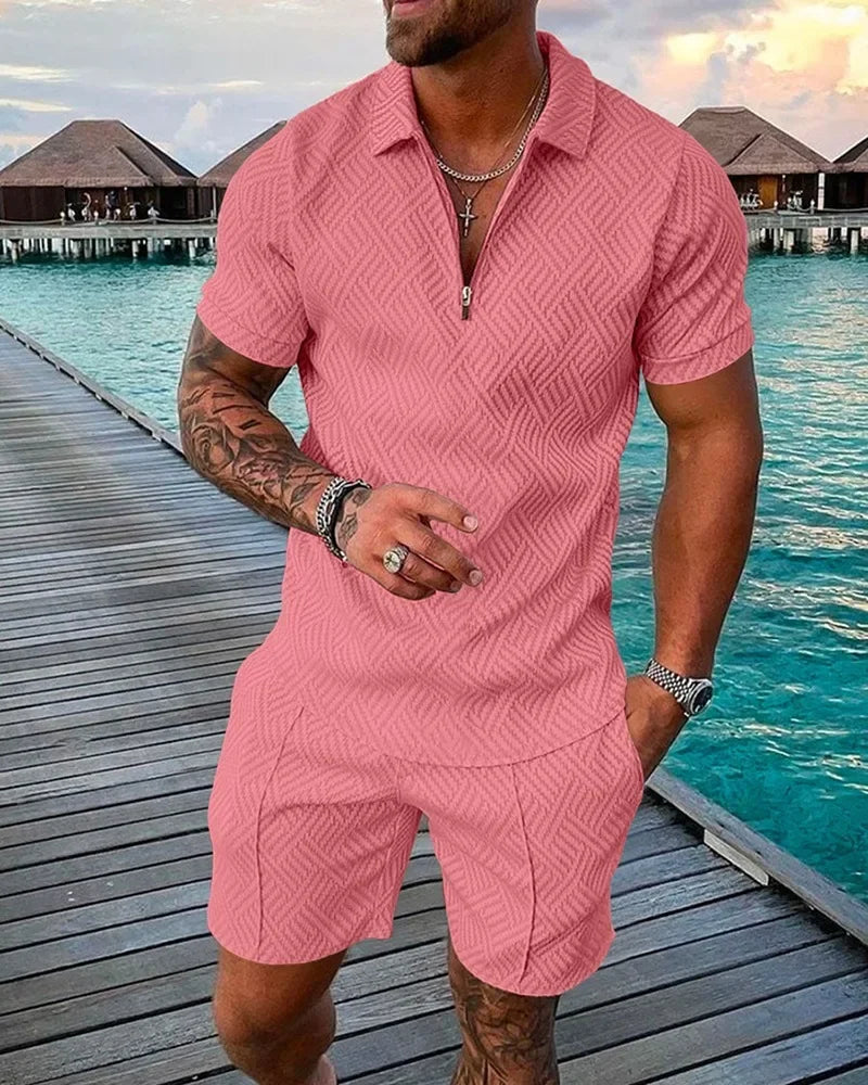 V-neck Zipper Short Sleeve POLO Shirt+Shorts
