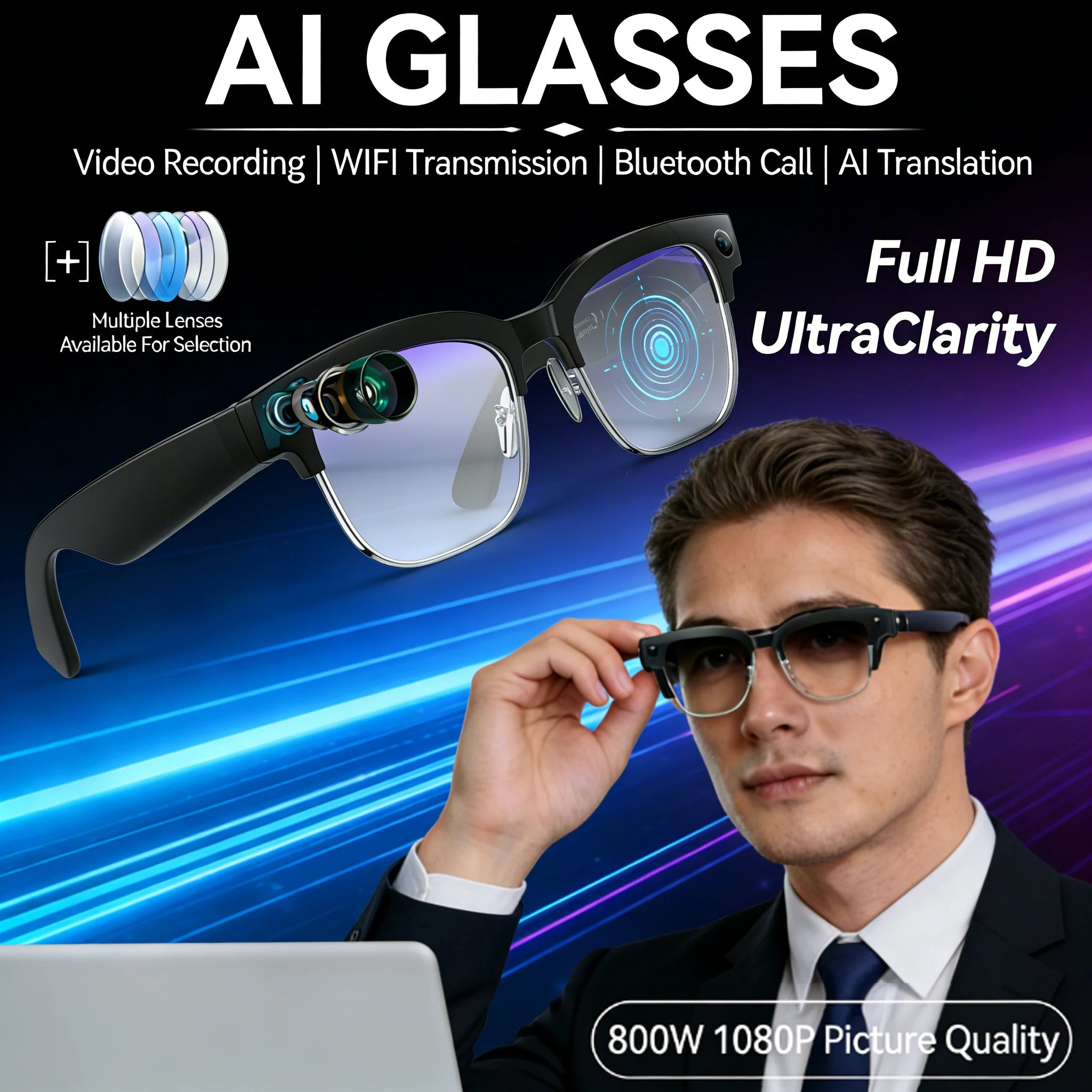 AI Smart Glasses 8MP Bluetooth Waterproof IP66 with Video Recording Photo Recognition Translation 290mAh Glasses for Everyday Us